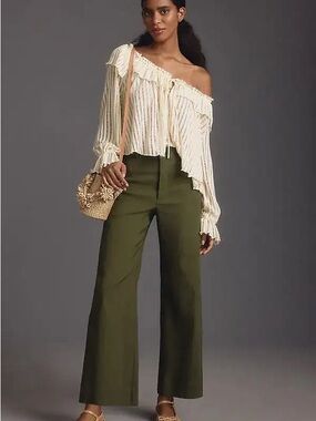 Maeve Anthropologie Ettie High-Rise Crop Wide-Leg Pants Green Size 34 Linen Boho